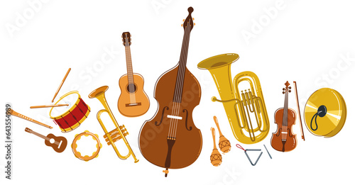 Classical music instruments composition vector flat style illustration isolated on white, classic orchestra acoustic sound, concert or festival live sound.