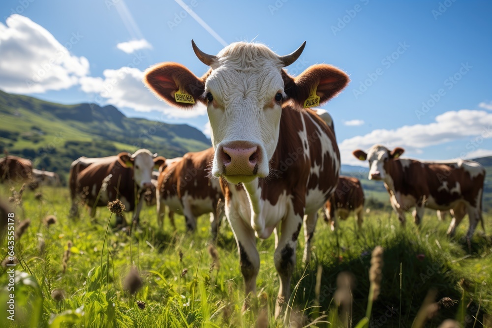 Cows grazing on grassy field on bright and sunny day against blue sky. Cute animal on meadow looking at camera.