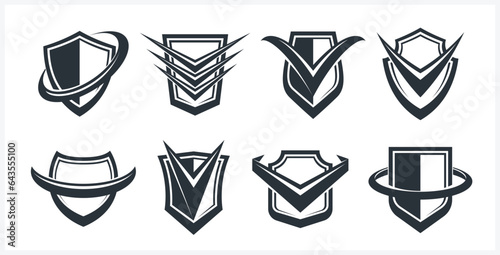 Set of different designs of shields for branding, ammo protection symbols collection, antivirus or sport theme, insurance or guarantee.