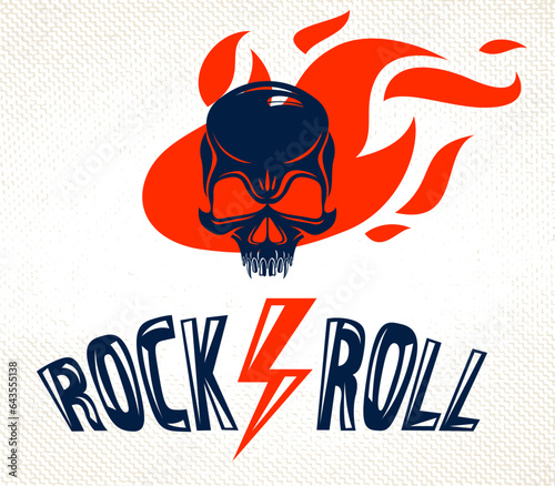Skull in a flames Hard Rock music vector logo or emblem, aggressive skull dead head on fire Rock and Roll label, Punk festival concert or club, musical instruments shop or recording studio.