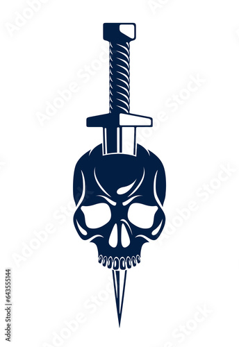 Skull killed by a dagger knife vintage vector emblem or logo isolated on white, vintage style coat of arms crest, gang sign criminality, classic style tattoo.