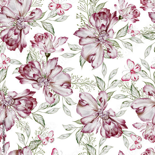 Watercolor seamless pattern with roses  flowers.