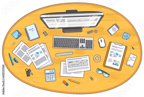 Office employee or entrepreneur work desk workplace with PC computer and analytics papers with graphs and data and stationery objects on table. All elements are easy to use separately. Vector.