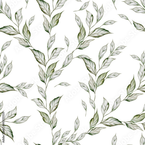 Watercolor seamless pattern with green leaves.