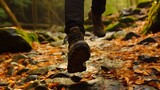 Close-up of a woman's legs with hiking boots in the forest, AI Generated