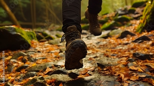 Close-up of a woman's legs with hiking boots in the forest, AI Generated