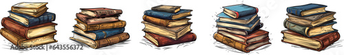 Books sketch piles. Vintage book, magic and alchemy graphic style. Magical literature, study and hobby elements. Library vector tools