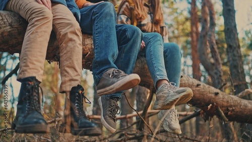 teenagers hikers tourists sit on a tree in the forest park. travel team business freedom concept. shoes lifestyle close-up feet sitting on a tree in the forest park © ibragimova