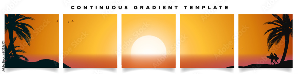 Golden Beach Sunset Continuous Gradient Background, reflection of sun in sea. Five summer gradient backdrops. Perfect for designs, feeds, social media, banners. Vector Illustration. EPS 10.
