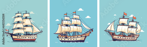 Cartoon sailboats. Retro style ships, vessels vintage cards template. Sea travel and ocean adventures, vector decorative background