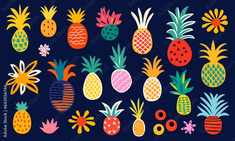 Colorful flat pineapples abstract style. Pineapple and plants, contemporary art design nature and fruit elements, vector clipart