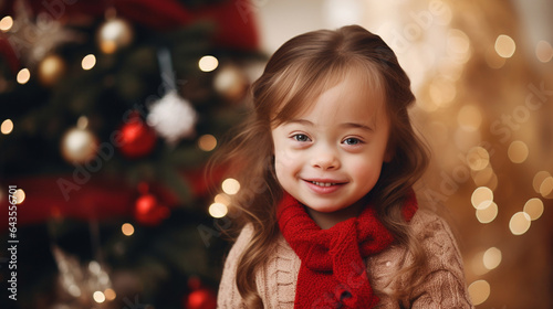 Cute girl with Down syndrome smiling against the background of a Christmas tree in anticipation of a Christmas gift