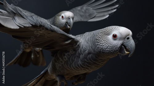 Two grey parrots on a black background. Close-up.