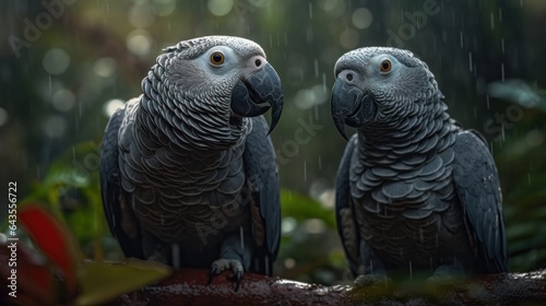 Two grey parrots sitting on the rock with rain drops on the background