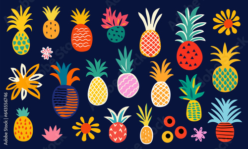 Colorful flat pineapples abstract style. Pineapple and plants, contemporary art design nature and fruit elements, vector clipart