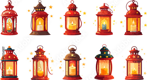 Red christmas lanterns with candles. Lantern xmas decoration, candle light. Winter holiday interior and outdoor decorations, vector isolated elements