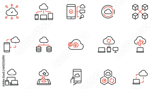 Vector set of linear icons related to network cloud service, cloud storage, data transfer and synchronization. Mono line pictograms and infographics design elements - part 2
