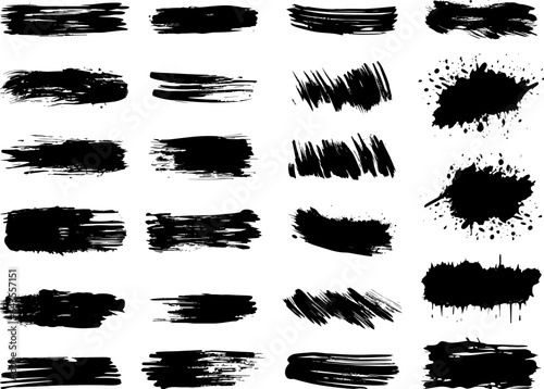 Black brush smear textures. Paintbrush halftone rough strokes vector elements, brushing paint streaks stripes traces and spots signs for modern labels isolated on white