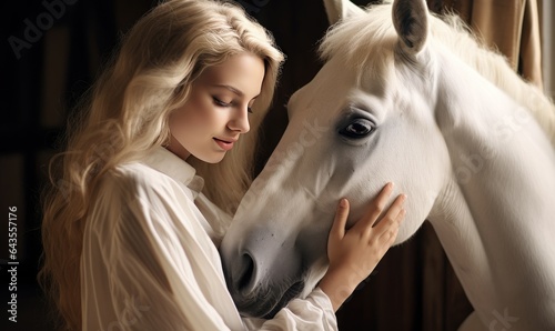 A woman bonding with a majestic white horse through gentle petting