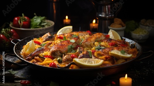 A pan filled with food sitting on top of a table. Digital image.