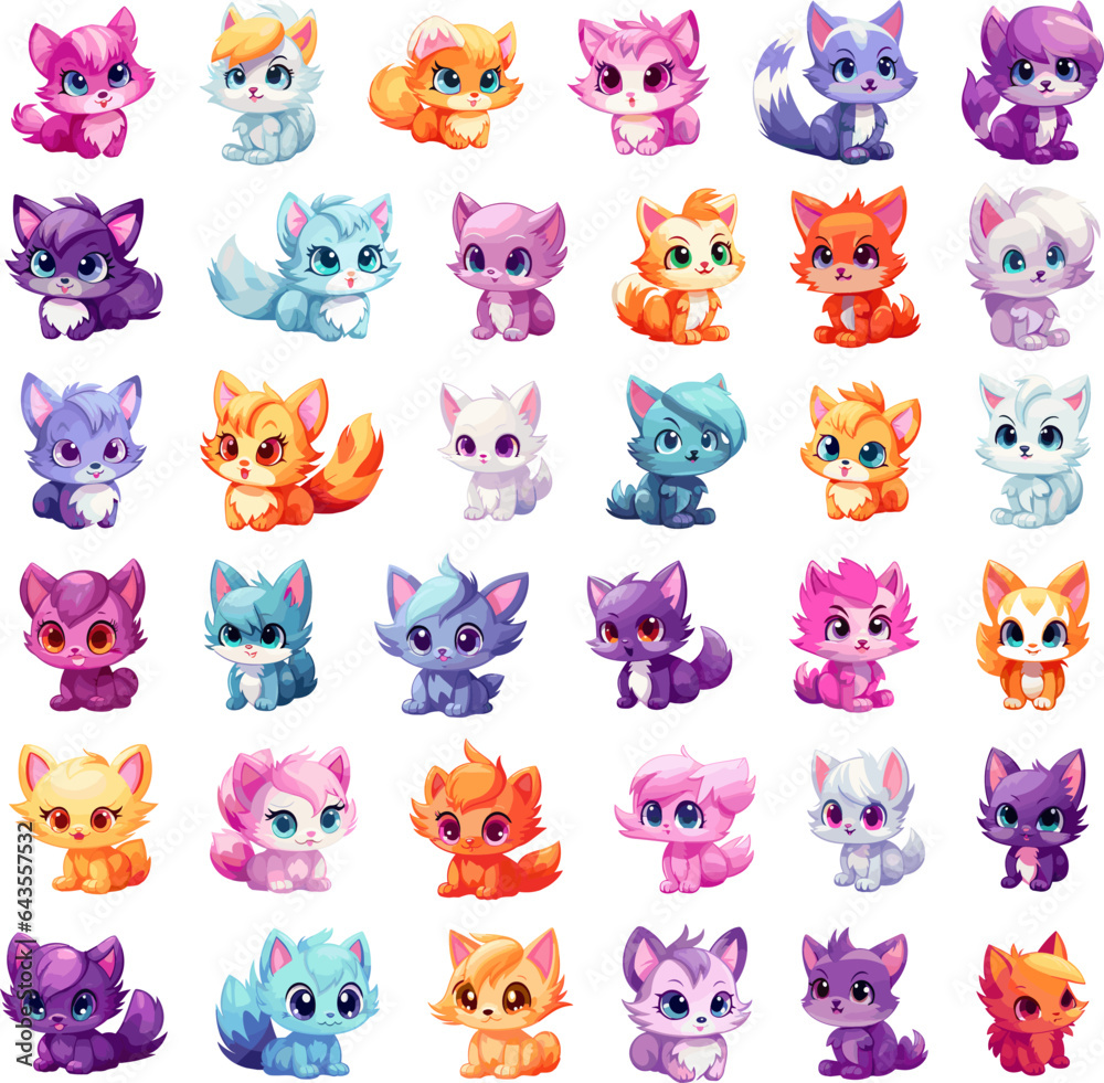 Obraz premium Cute fluffy kittens in soft anime style. Little manga cats on white background, cutie happy japanese lovely kitty characters, kawaii pussy mascots isolated vector set