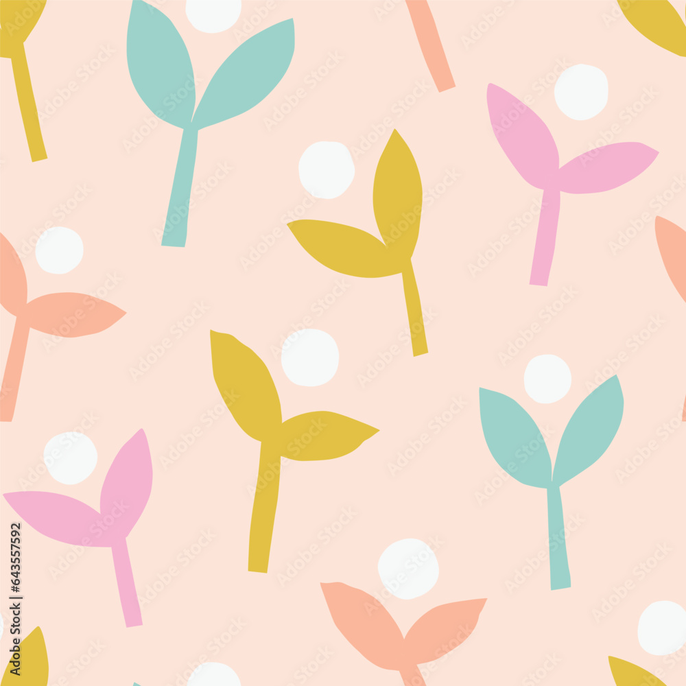Cute seamless pattern with abstract flowers and leaves. Vector botanical texture. Modern background with cut out plants