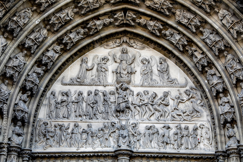 Our Lady cathedral, Antwerp, Belgium. Tympanum. Last judgment, Weighing of souls.