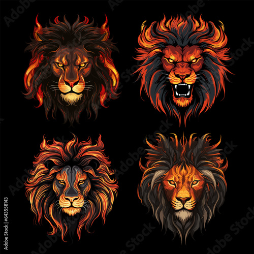 Lion head from fire flames. Hot tribal lions power faces, pride leo animals king designs isolated on black background