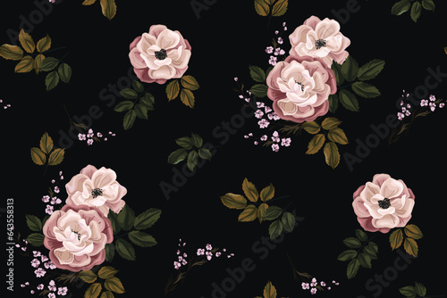 Seamless floral pattern, romantic flower print with large watercolor plants. Beautiful botanical design: hand drawn pink wild rose buds, leaves, branches on dark black background. Vector illustration.