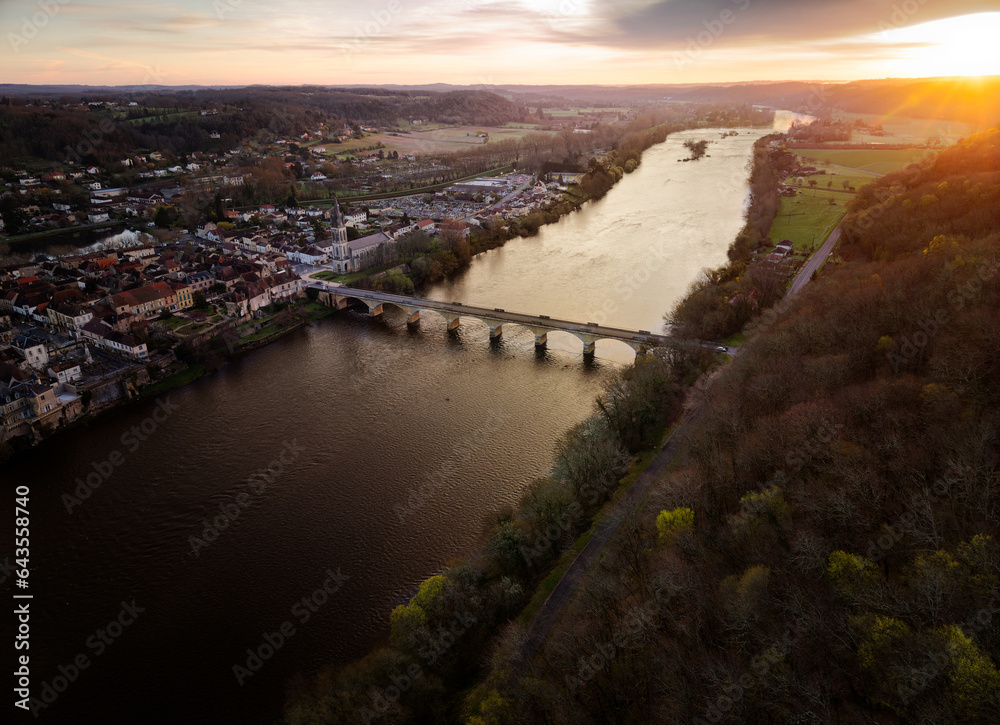 Aerial view of city of Lalinde and the Dordogne river