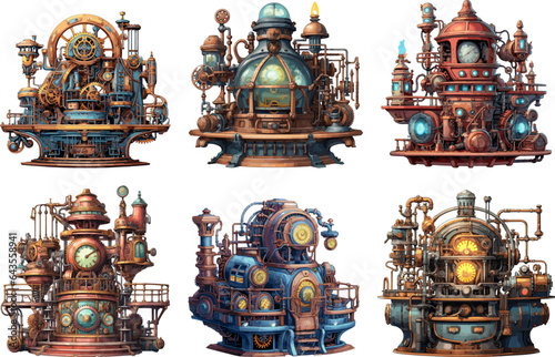 Steam-punk complex machines with coggears and lamplights. Retro engines, vintage mechanism set colour illustration on white background