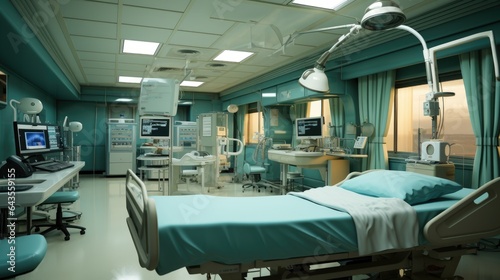 A hospital room with a bed, desk, and monitor. Digital image.