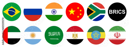 BRICS new members 2024. Round flag icons of Brazil, Russia, India, China, South Africa, United Arab Emirates, Argentina, Saudi Arabia, Egypt, Ethiopia, Iran. vector EPS 10