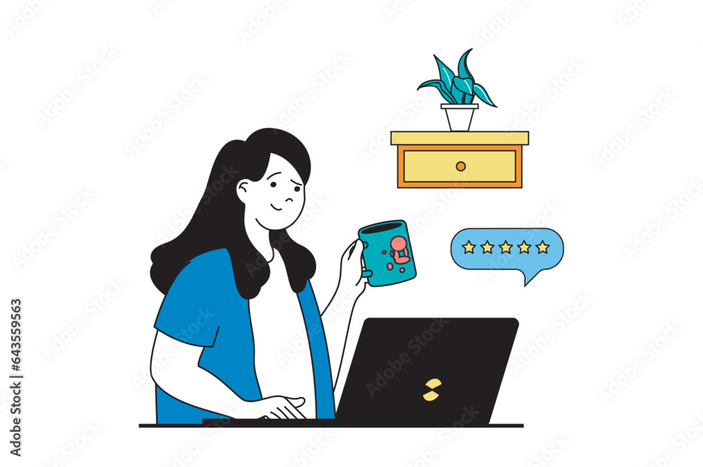 Freelance concept with people scene in flat web design. Woman working at laptop at home, doing tasks and getting feedback with rating. Vector illustration for social media banner, marketing material.
