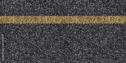 Seamless asphalt texture with unbroken yellow line at the side denoting road boundary and ongoing work, grunge tarmac surface with continuous yellow stripe, road maintenance concept, top view © Gabriele