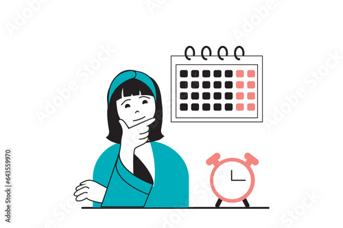 Freelance concept with people scene in flat web design. Woman managing work time and making organization with deadline in calendar. Vector illustration for social media banner, marketing material.