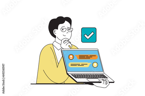 Freelance concept with people scene in flat web design. Man working online and chatting with client or colleagues for discussing task. Vector illustration for social media banner, marketing material.