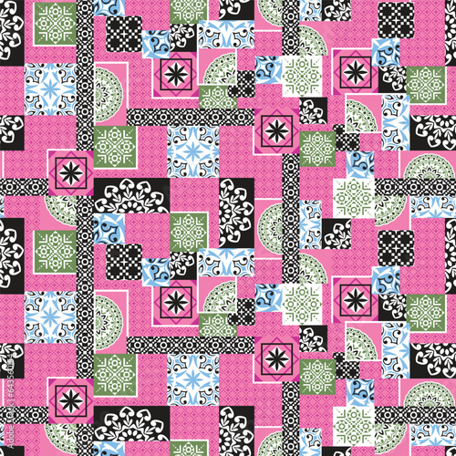 Seamless Geometric Patchwork Tile Collage Vector Pattern, textile fabric print design.