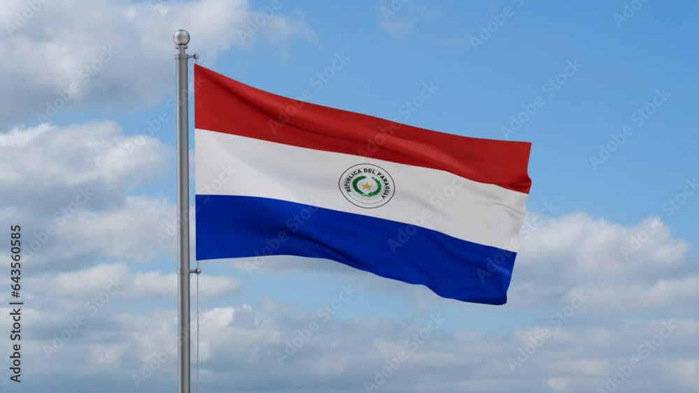 Paraguay looped flag waving in the wind with blue sky and running clouds, cycle seamless loop video Paraguay looped flag waving in the wind with blue sky and running clouds, cycle seamless loop video