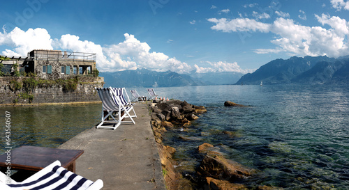 Quadro su tela Jeneva lake sight at Swiss Canton Vaud, Lausanne, Switzerland, Swiss Alps