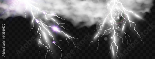 Vector image of realistic lightning. Flash of thunder on a transparent background.