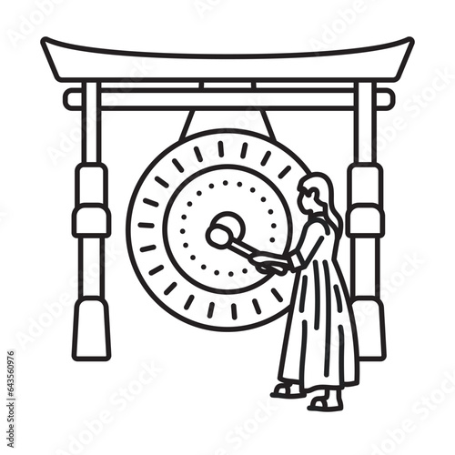 Asian woman beating large gong vector line icon for Day Of The Gong on June 21
