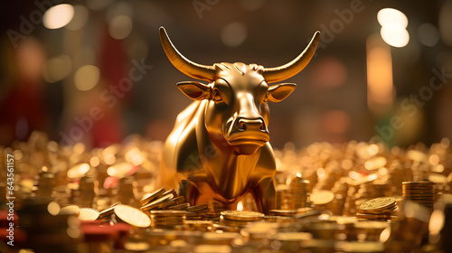 Golden bull in a pile of gold coins signifies a financial bull market in wallstreet