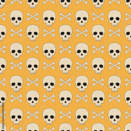 Halloween seamless pattern with scull and bones on orange background.Vector iilustration for design and print