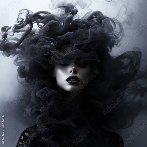 A portrait of a mysterious woman with dark, wild hair and hauntingly beautiful smoke-filled clothing captures the eerie essence of halloween art