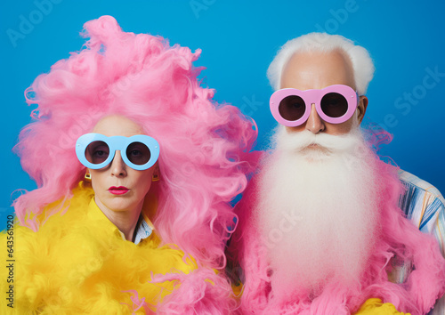 Portrait of an older male-female couple with very strange hairstyles and beards, bright pastel colors of pink and blue, minimal background, funny atmosphere. Generative AI. © Popovo