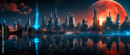 Abstrakte, nächtliche Szene einer futuristischen Stadt mit Riesensupermond in rot. Starke, glühende Farben in der Nacht. ki generiert