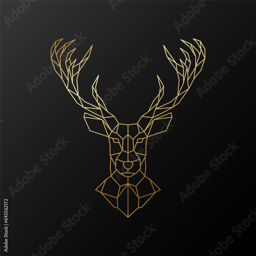 Golden Deer linear head. Geometric low poly reindeer. Head and horns. © greens87