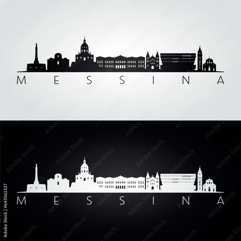 Messina skyline and landmarks silhouette, black and white design, vector illustration. - obrazy, fototapety, plakaty 