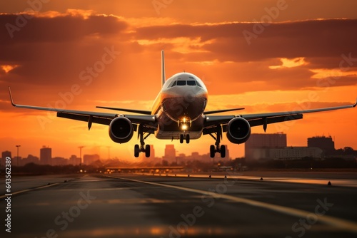 Airplane landing or take off sunset time, Generate with AI.
